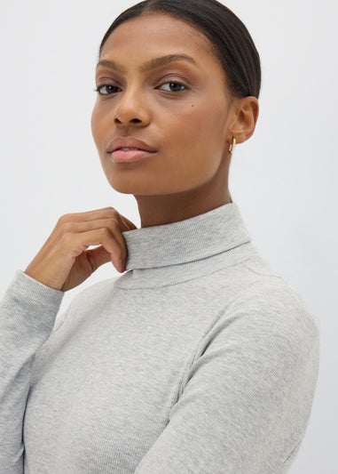 Grey Ribbed Roll Neck Top