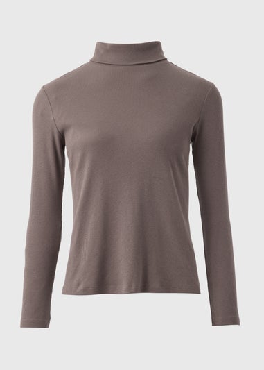 Brown Ribbed Roll Neck Top