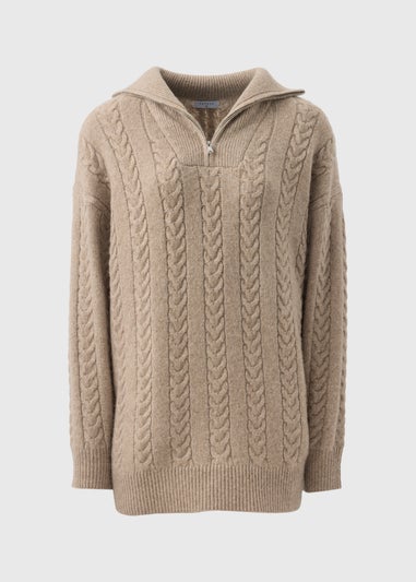 Beige Cable Zip Neck Jumper