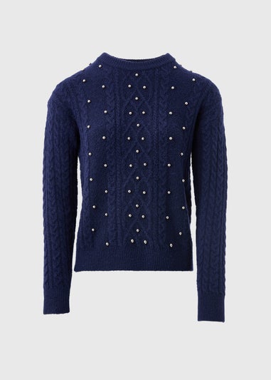 Navy Embellished Cable Knit Jumper