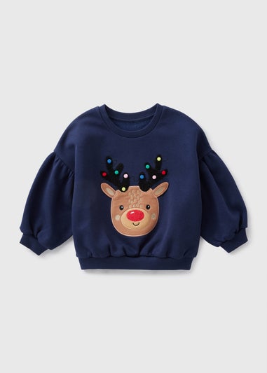 Girls Navy Reindeer Sweatshirt (1-7yrs)