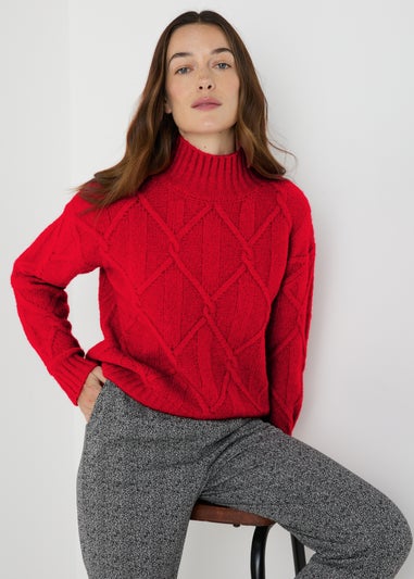 Red Cable Knit High Neck Jumper