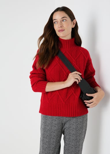 Red Cable Knit High Neck Jumper