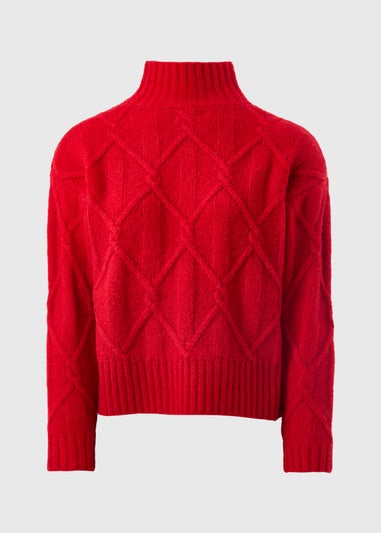 Red Cable Knit High Neck Jumper