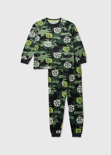 Boys Green Camouflage Football Top & Bottom Pyjama Set (7-13yrs)