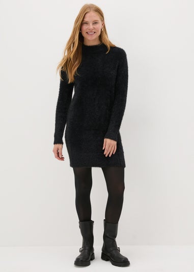 Black Feather Yarn Jumper Mini Dress