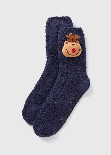 Kids Navy Reindeer Fluffy Socks (Younger 6-Older 6.5)