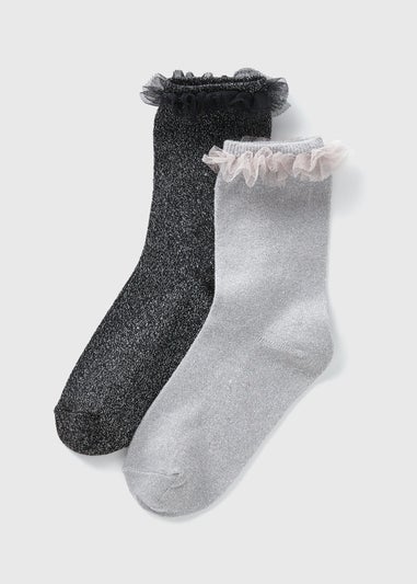 2 Pack Black & Grey Glitter Frill Socks (Younger 6-Older 5.5)