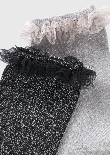 2 Pack Black & Grey Glitter Frill Socks (Younger 6-Older 5.5)