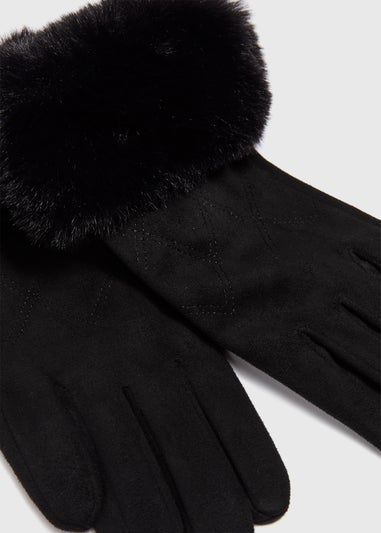 Black Faux Fur Trim Gloves