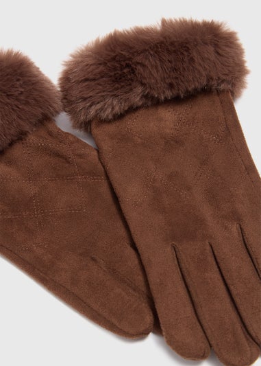 Brown Faux Fur Trim Gloves