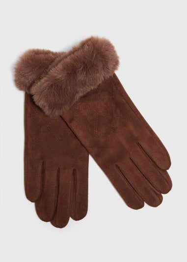 Brown Faux Fur Trim Gloves