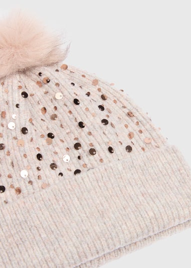 Rose Gold Sequin Pom Beanie