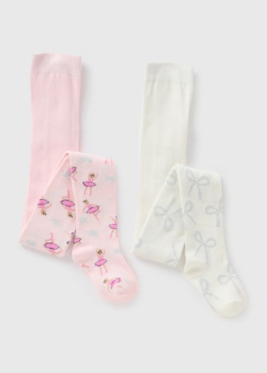 2 Pack Girls Pink & Cream Ballerina Bow Tights (2-11yrs)