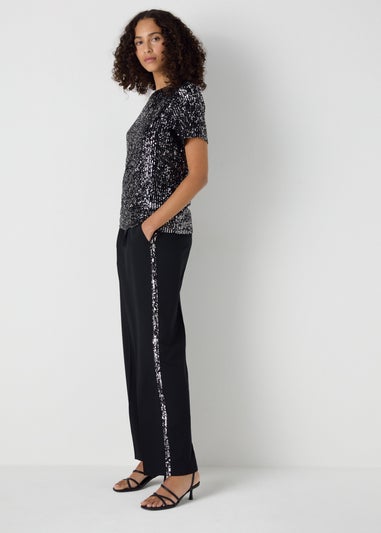 Et Vous Black Sequin Side Stripe Trousers