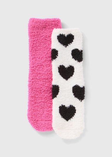 2 Pack Girls Pink Heart Fluffy Socks