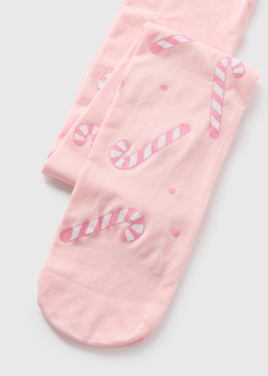 Girls Pink Candy Cane Tights (2-11yrs)