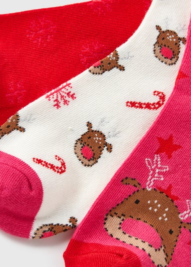 3 Pack Girls Pink Reindeer Socks (Younger 6-Older 5.5)