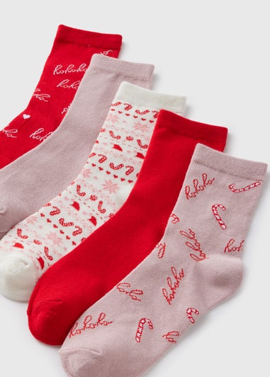 Wondrous 5 Pack Red Christmas Print Socks