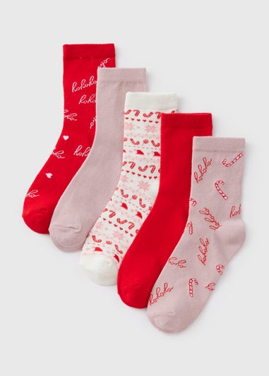 Wondrous 5 Pack Red Christmas Print Socks