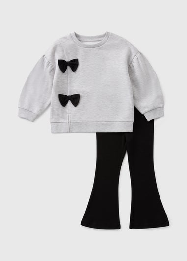 Girls Grey Bow Sweatshirt & Flared Leggings Set (1-7yrs)