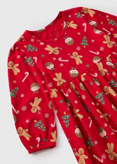 Girls Red Gingerbread Print Dress (1-7yrs)