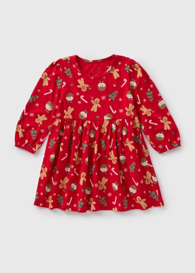 Girls Red Gingerbread Print Dress (1-7yrs)