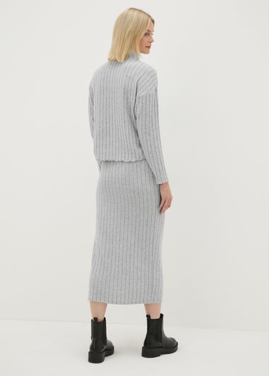 Grey Jersey Ribbed Midi Skirt