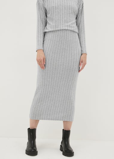 Grey Jersey Ribbed Midi Skirt