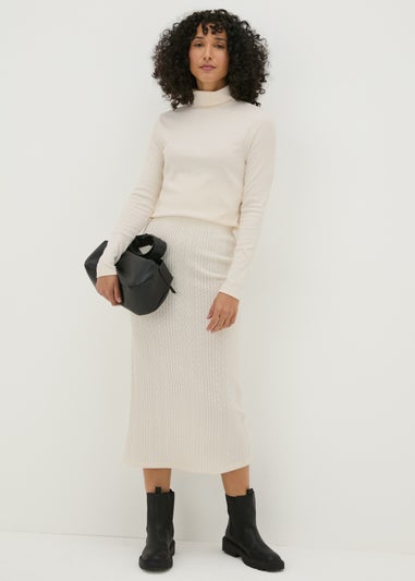 Cream Cable Knit Midi Skirt