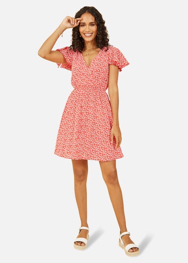 Mela Red Ditsy Print Wrap Skater Dress