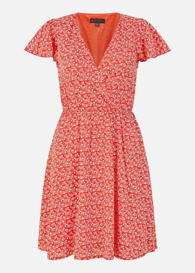 Mela Red Ditsy Print Wrap Skater Dress