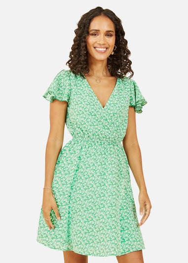 Mela Green Ditsy Print Wrap Skater Dress