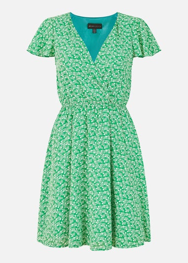 Mela Green Ditsy Print Wrap Skater Dress