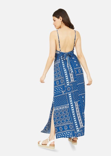 Mela Navy Scarf Printed Maxi Dress With Tie Back