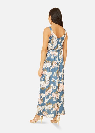 Mela Blue Satin Floral Print Maxi Dress
