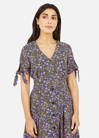 Yumi Purple Ditsy Print Floral Midi Dress