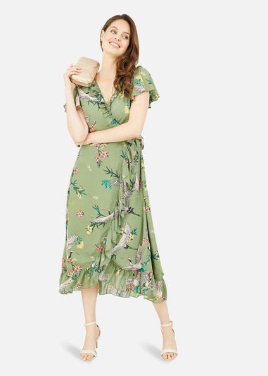 Yumi Green Frill Crane Wrap Midi Dress