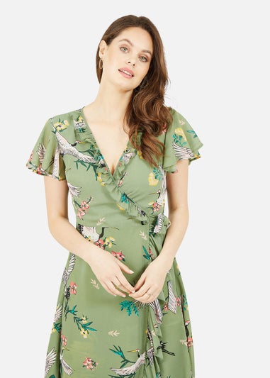 Yumi Green Frill Crane Wrap Midi Dress