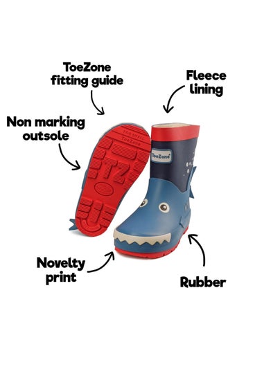 ToeZone Boys Blue Rico Novelty Shark Rain Boot (Younger 6- Older 12)