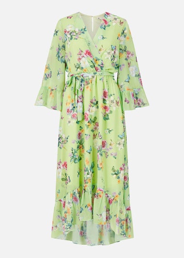 Yumi Mint Green Floral Butterfly Wrap High Low Dress