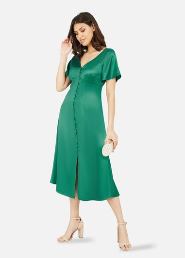 Yumi Emerald Green Satin Button Down Midi Dress