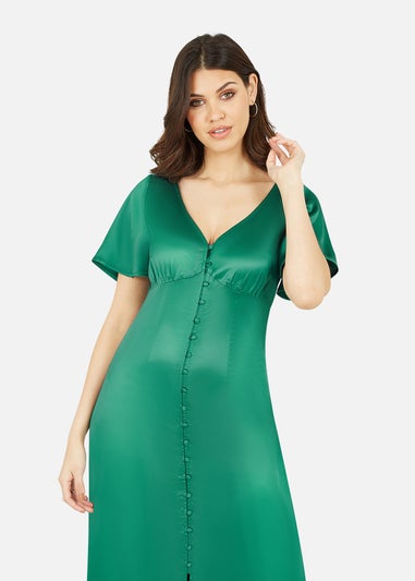 Yumi Emerald Green Satin Button Down Midi Dress