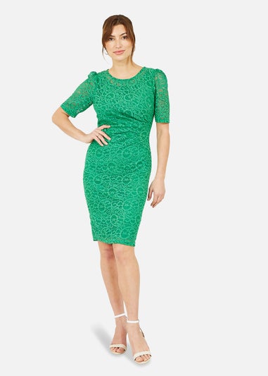 Yumi Green Ruched Lace Dress