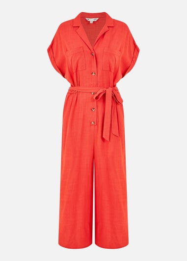 Yumi Red Linen Blend Button Up Jumpsuit