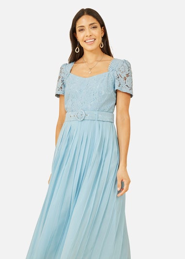 Yumi Blue Lace Dress With Pleated Skirt and Belt