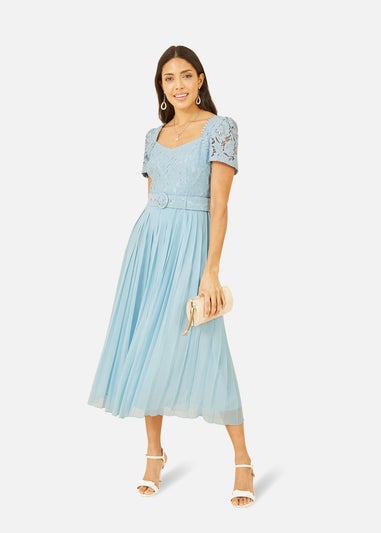 Yumi Blue Lace Dress With Pleated Skirt and Belt