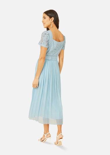 Yumi Blue Lace Dress With Pleated Skirt and Belt