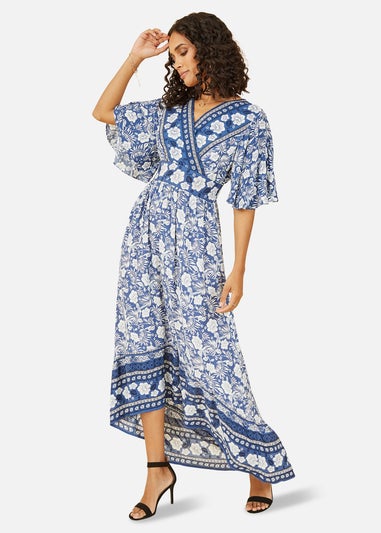 Yumi Blue Border Floral Print Wrap High Low Maxi Dress