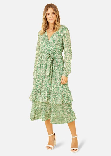 Yumi Green Floral Wrap Long Sleeve Tiered Midi Dress